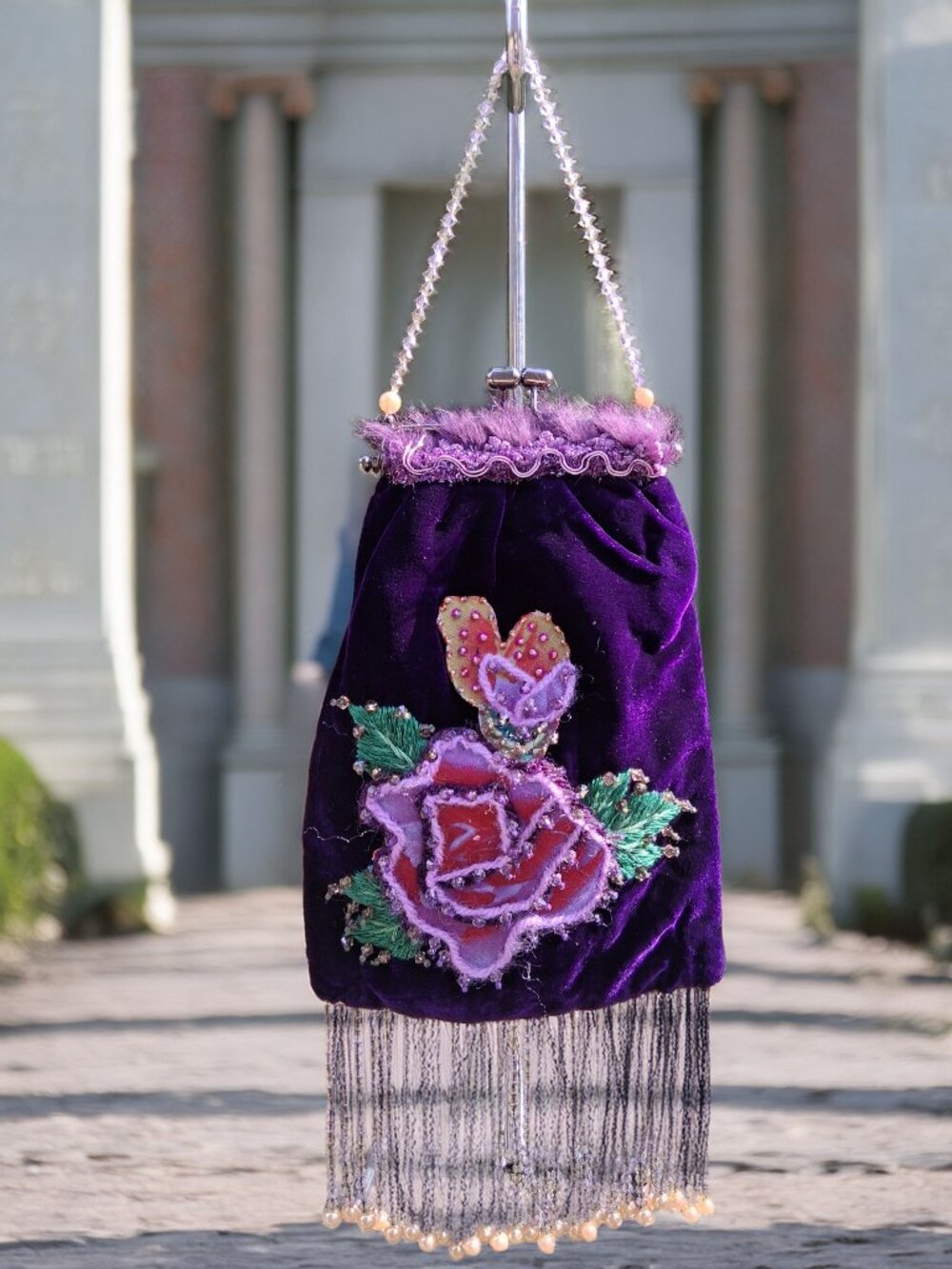 Victorian Style Purple Beaded Fringe Hand Held Evening Bag Stunning